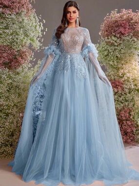 Glamrae Light Blue Embellished Tulle Prom Gown with Feather Sleeves